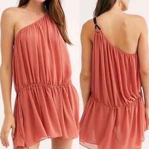 Free People Athena One Shoulder Mini Dress XS Pink‎ Rose Tunic Goddess Etherial